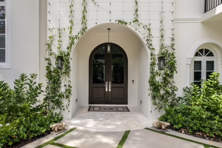 Mahogany exterior door with arched entryway on Florida home