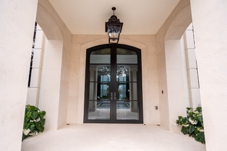 Steel-look exterior wood door with sleek industrial finish